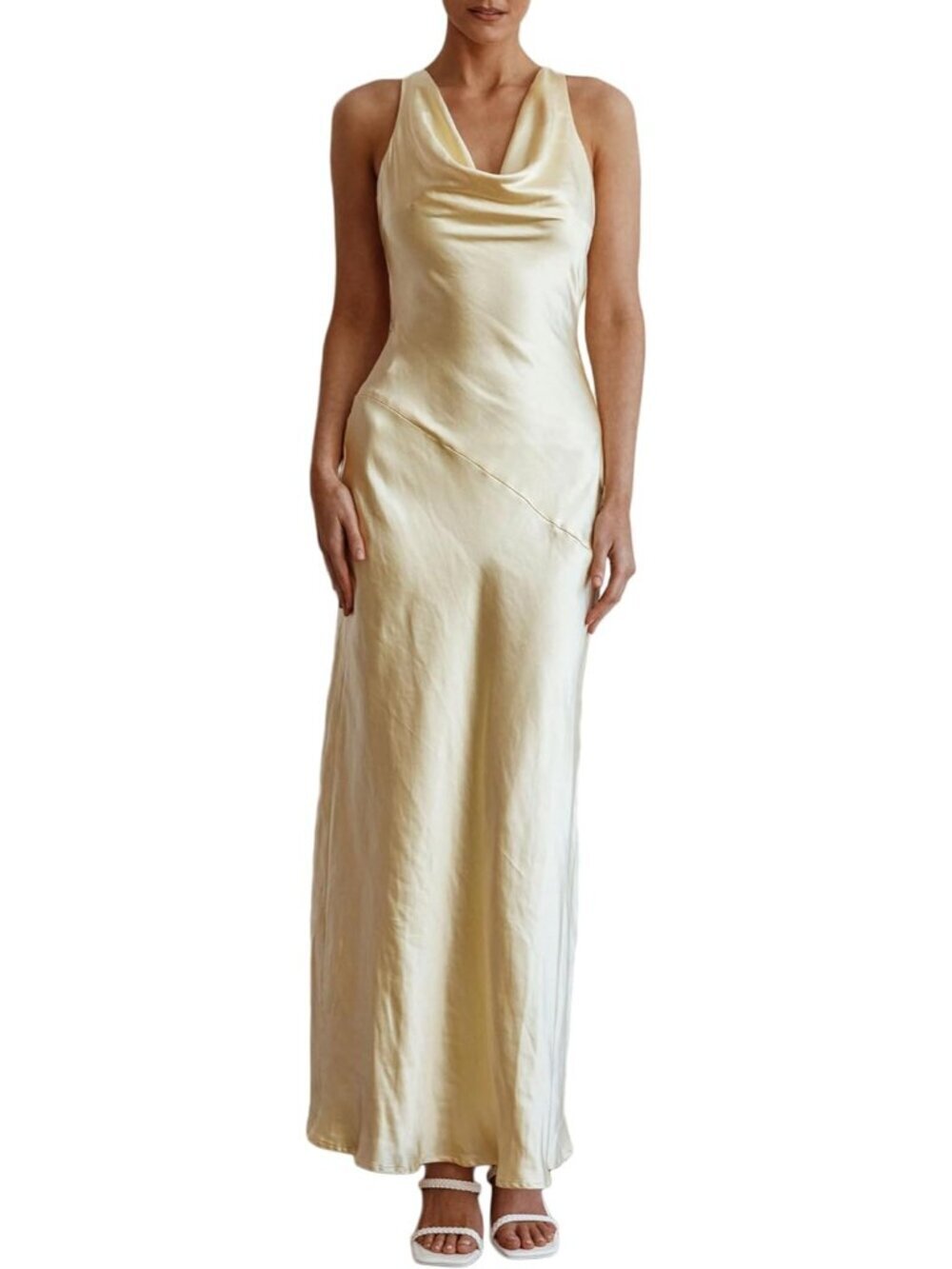 Women's Yellow Summer Satin Backless Cowl Neck Elegant Polyester Maxi Dress - Picture 2 of 5